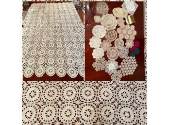Lot Of Handmade Vintage Crocheted Doilies And Handmade Crocheted Tablecloth