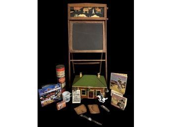 Antique Vintage Lot: Antique Nat'l School Slate Company Chalk Board, Lionel Station, Hopalong Cassidy Items