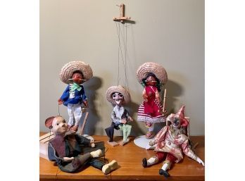 Lot Of 5 Vintage Handmade Marionette Puppets