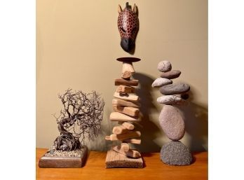 Bonsai Tree Wire Sculpture, Tribal Style Wood Carved Giraffe Mask, Rock Cairn And Modern Wooden Candle Holder