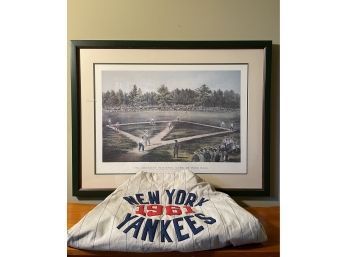Antique Lithograph Print Currier And Ives The American National Game Of Baseball,and NY Yankee Vtg 1961 Jacket