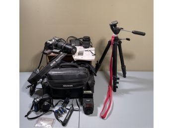 EOS Rebel 300d Camera With Lenses And Charger, SLIK Photo Tripod, Olympus Camera, Promaster Camera Flash & Bag