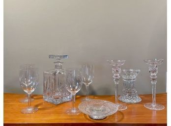 Waterford Crystal Pillar Candle Holder And Etched Wine Glasses, Whiskey Decanter, Crystal Candlesticks & Dish
