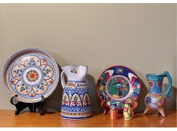Sangria Pitcher And Round Dish Spain, Hand Painted Mexican Art Pottery Items: Dish, Vase/pitcher And More