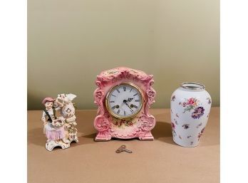 Lot Of Beautiful Pink Floral #431 Porcelain Mantle Clock, Porcelain Vase And Japanese Porcelain Figurine