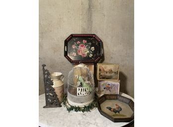 Hendryx Vintage White Shabby Chic Bird Cage, Antique Candy Tins, Vintage Trays And Metal Vase/planter