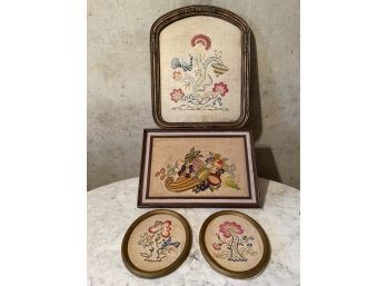 Antique Vintage Framed Needlepoint Embroidered Wall Hangings