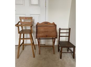 Antique Small Roll Top Desk With Folding Legs, Doll High Chair And Small Chair