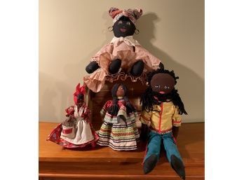 Vintage Handmade Black Americana Cloth Doll, Jamaica Handmade Doll And Two Vintage Traditional Dolls