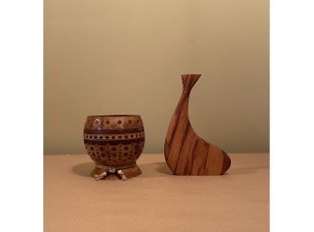 Mid Century Handmade Wood Art Vase Signed And Handmade Coconut Bowl