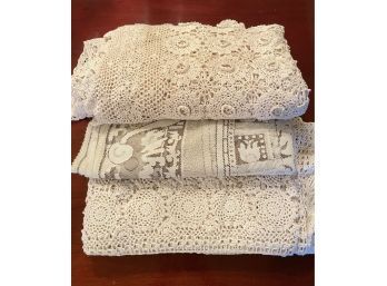 Beautiful Two White Crochet Lace Vintage Tablecloths And Mayan Aztec Sun Calendar Vintage Lace Tablecloth