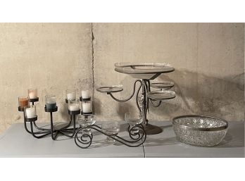 Beautiful Metal Footed Centerpiece, Two Sets Of Vintage Candleholders And Beautiful Bowl With Silverplate Rim