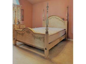 Beautiful French Country Hand-painted Four Poster Bed W/King Koil Spinal Contour Mattress & Vtg Quilt/pillows