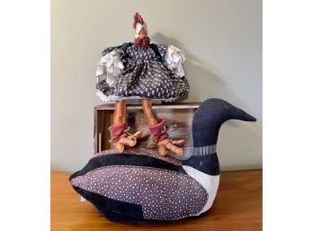 Vintage Handmade Rooster And Large Weighted Fabric Stuffed Duck
