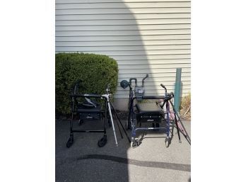 Lot Of 2 Rollator Walker With Pad Seat, Back Support And Storage Seat, Lot Also Includes Walking Sticks