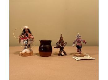 Kachina Doll Made And Signed By Charleen Etsitty, Hand Carved Hoop Dancer Signed By Charley, Vtg Pottery Vase