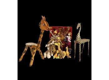 Giraffes Lot Includes 2 Hand Carved Wooden Giraffes And Many Giraffe Plushes