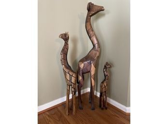 Lot Of 3 Hand Carved Wooden Giraffe Statues