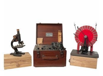 Scientific Supplies Lot: Wimshurst Machine, Cardiotron EKG Portable Machine, Antique Microscope (no Parts)