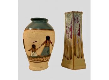 Mid-Century Bay Ceramic Glazed Vase And Vintage Mexican Ceramic Vase