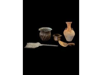 Lot Of Vintage Decorative Items Vintage Brass Planter, Vintage Unglazed Pottery Vase, Copper Pot And Spoon