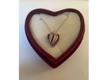 Beautiful ADL Signed Solid 10k Yellow Gold Natural Diamond & Ruby Heart-shaped Pendant With A Solid 10K Chain