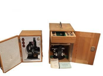 Vintage Monolux Microscope In Box With Parts And Lenses And Compund Microscope In Box (not Tested)