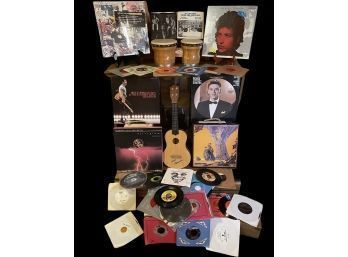 Collection Of Famous Artist Records, Vintage La Playa Bongo Drums, Ukulele And Famous Artist CD Collection