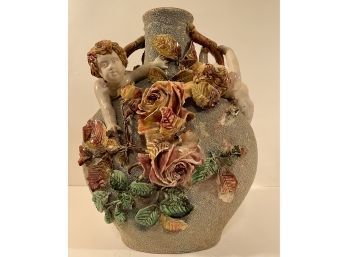 Beautiful Vase Majolica Cherubs And Roses
