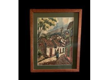 Beautiful Artist Signed Watercolor Painting 'spanish Street' 16 3/4 X 14