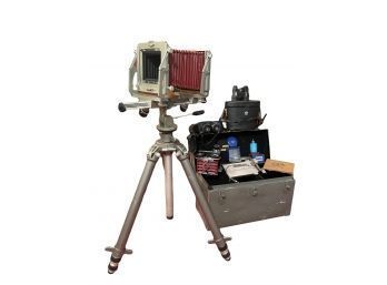 Graflex Graphic View Camera Body With Red Bellows, Tripod, Vintage Binoculars And Other Items