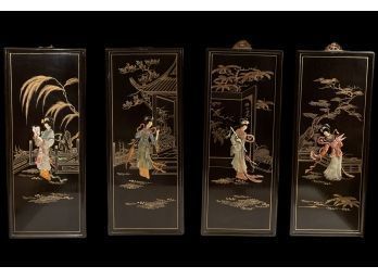 Vintage Chinese Wood Lacquer Wall Panels - Set Of 4 Each 12 X 30