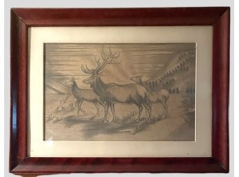 Antique Wood Framed Pencil Drawing