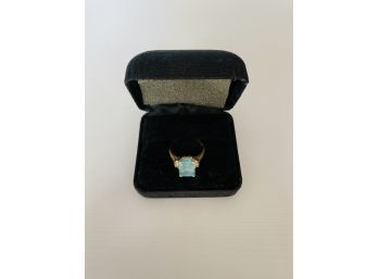 Elegant Cut Aquamarine And Diamond Ring In 14k Yellow Gold (without Box)