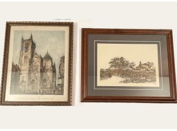 Lot Of 2 Antique Vintage Etchings Signed One Of Them Historic German Town Hand Signed And Numbered