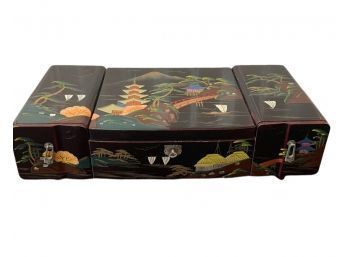 Asian Hand Painted Wooden Musical Jewelry Box With Key