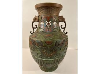 Japanese Enamel Over Bronze Large Champlev Vase Urn