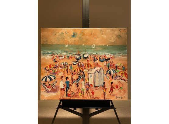 Large 30' By 36' Unframed Original Oil On Canvas 'cabins On The Beach' C 2005 By Urbain Huchet Signed UH0029