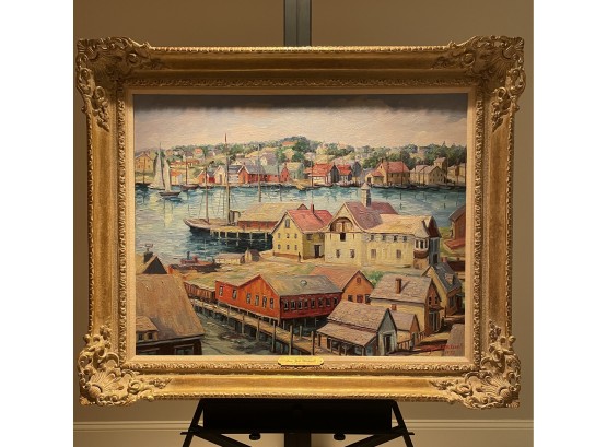 Large 38' By 45.5' Framed Original Oil On Canvas Titled 'Gloucester Harbor' 1972 By Ann Yost Whitesell  AW0318