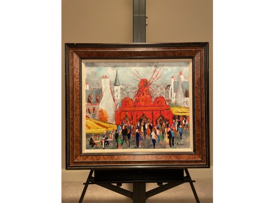Large 27.5' By 31.5' Framed Original Oil On Canvas Titled 'le Moulin Rouge' By Urbain Huchet Signed UH0058