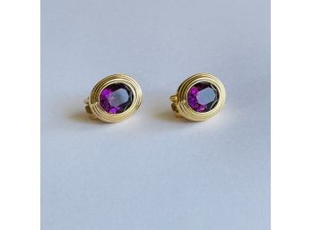 Dior Gold Tone Purple Stone Clip On Earrings Signed
