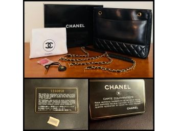 1990's Chanel Vintage Black Shoulder Tote With Quilted Bottom And Gold Tone Hardware Never Used  W/card & Box