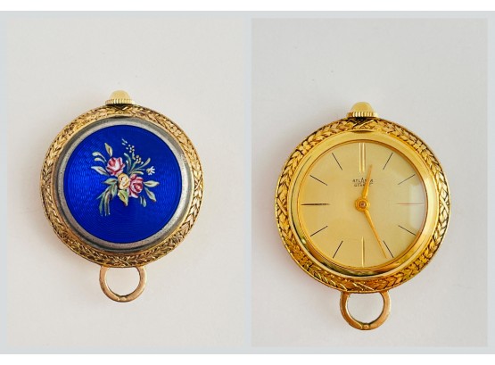 Fine Vintage Atlanta Geneve Ladies Pendant Watch 14K Blue Enamel 17 Jewels Tested And Works