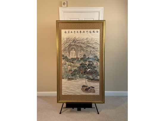 Large 64.5' By 37.5' Rare Chinese Painting On Silk Depicted Buddha Land Matted And In A Gilt Wood Frame