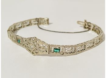 Antique Art Deco 14K White Gold Diamond And Emerald Bracelet