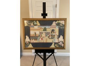 32.5' By 44.5' Indian Mughal Scene On Silk Hand Painted Watercolor And Or Gouache In Gilt Wood Frame