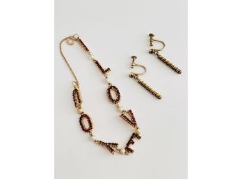 'I Love You' Bracelet 14K Yellow Gold Bohemian Garnet And Cultured Pearl And Bohemian Garnet 14K Gold Earrings