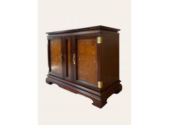 Elegant Chinoiserie Style Flip Top Server/bar Cabinet Oak With Elm Inlay And Laminate Flip-top, Brass Hardware