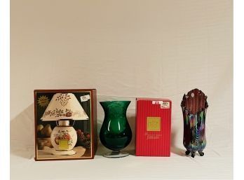 Lenox Candle Lamp, Lenox Emerald Green Glass Footed Vase And Fenton Carnival Glass Vase Items Are Brand New#64