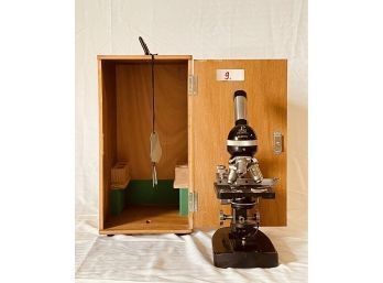 Vintage Propper Microscope W/Wooden Box & Key   #9